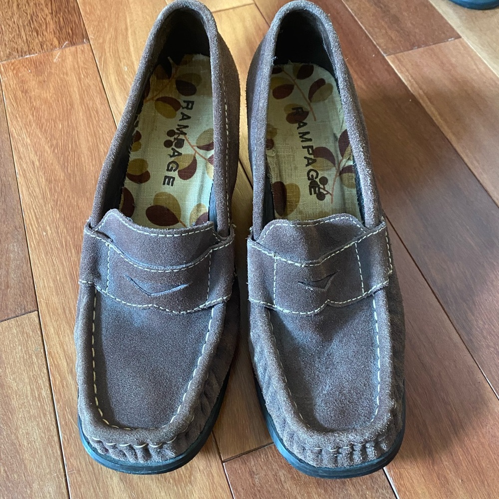 Deep purple suede wedge loafers